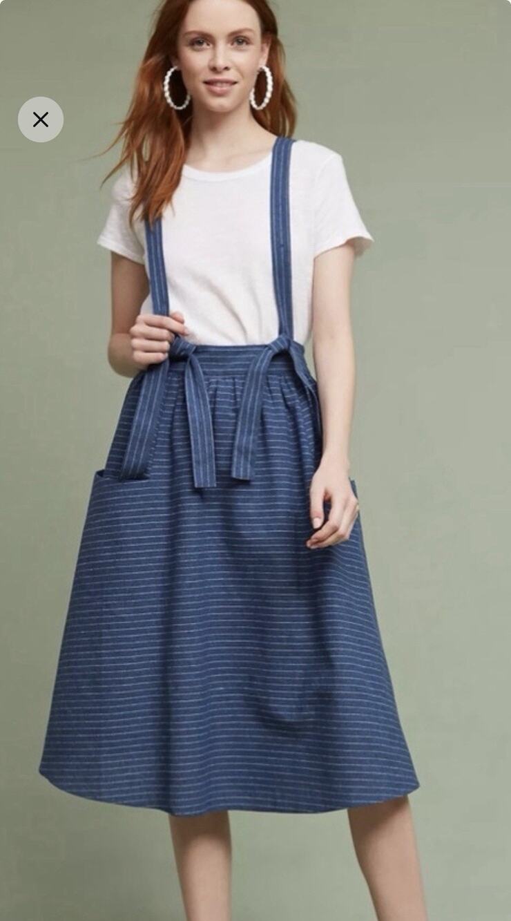 all:row Suspender Linen Cotton Midi Skirt Navy Striped Women’s M
